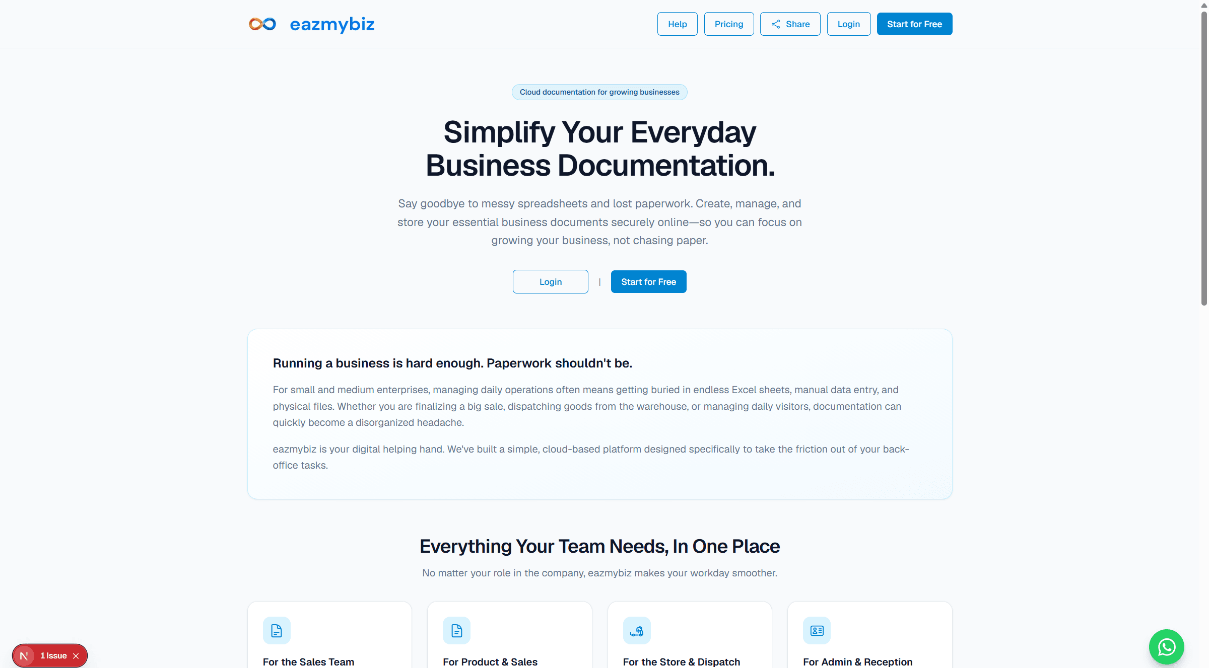 eazmybiz home page with Help and Start for Free