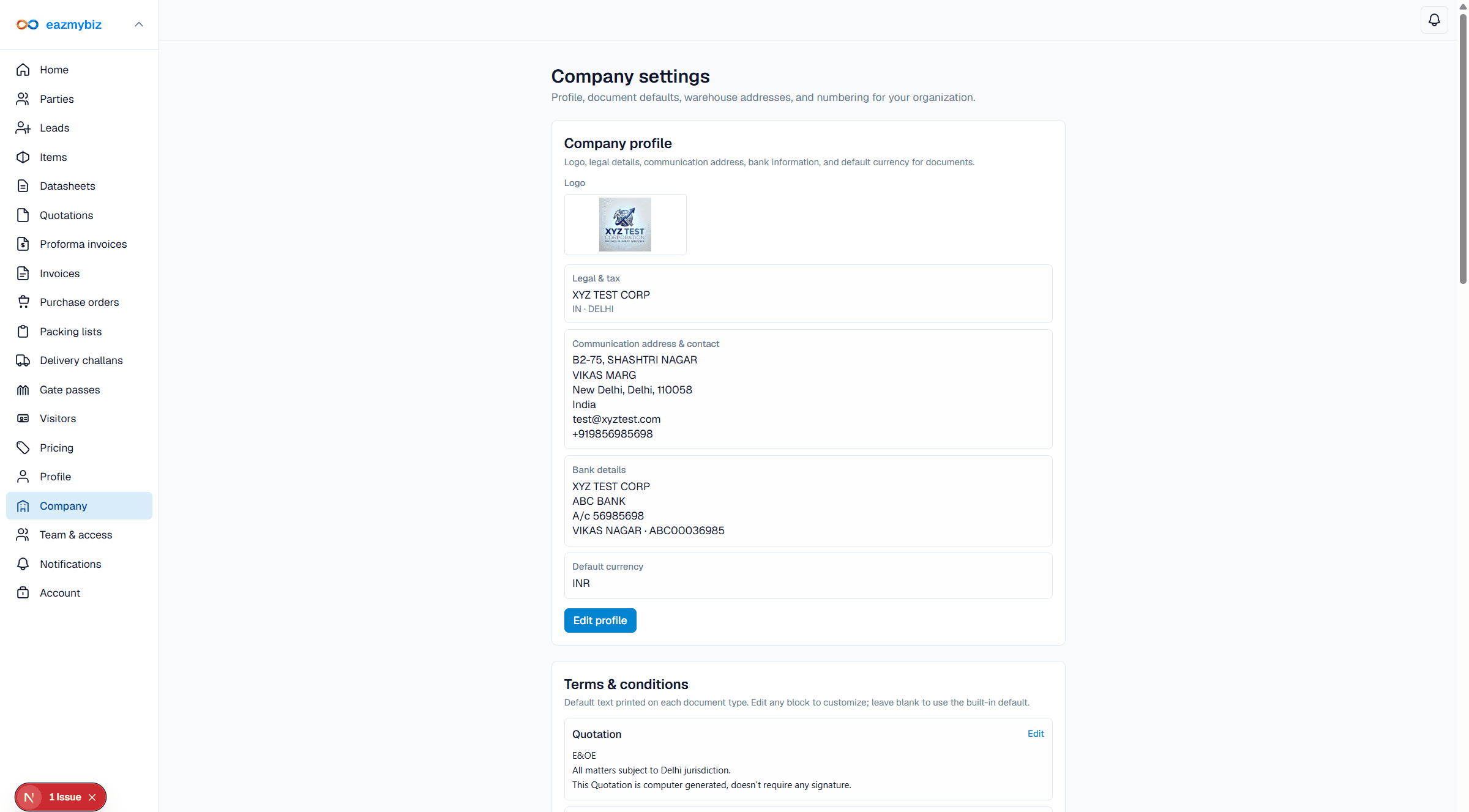 Company settings page in eazmybiz