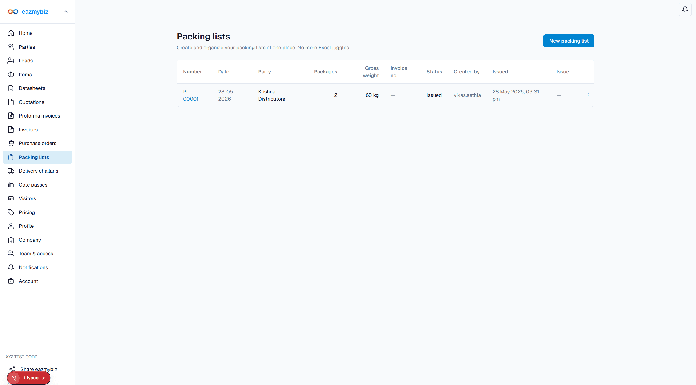 Packing lists page